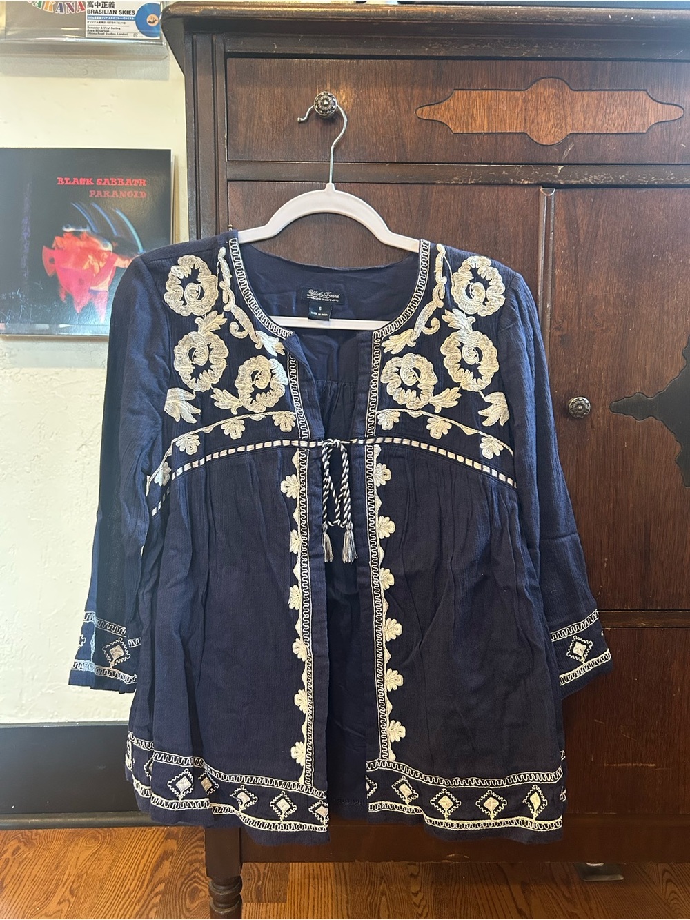 Lucky Brand Navy Tunic with Cream Floral Embroidery